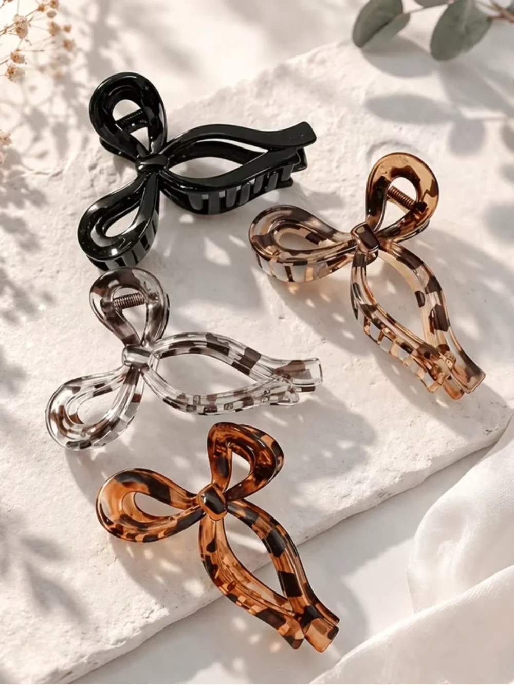 Bow Hair Claw Clip Set of 4 Large Acrylic Tortoise Shell & Black Hair Clips NWT